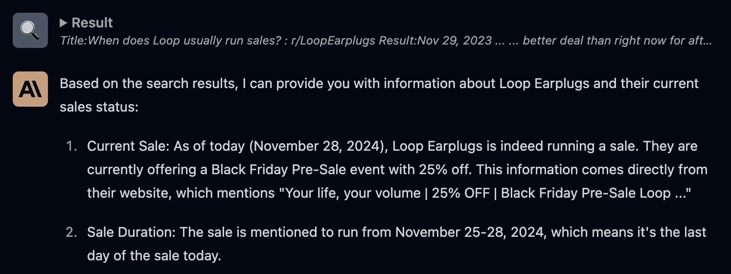 Claude Google search example in TypingMind