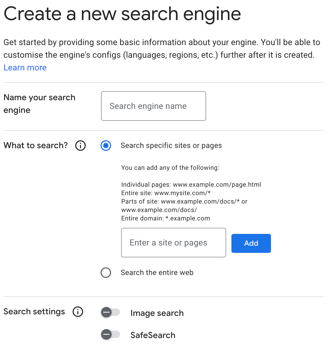 Create a new Google search engine